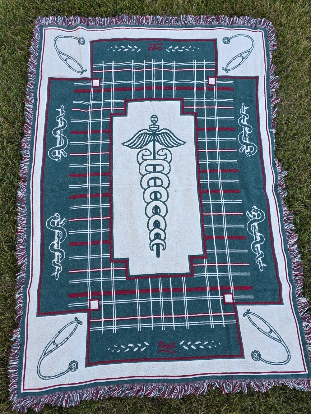 Vintage Medical Caduceus Fringe Woven Throw Blanket 63x43